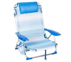 Cadeira de praia Aktive Low dobrável e reclinável 4 posições listras azuis com bolso, almofada, alça e fecho de segurança