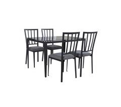 Conjunto de mesa + 4 cadeiras BERRY preto. Tabela fixa. Vidro cinzento e 4 cadeiras fixas.