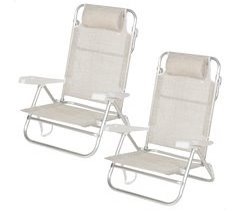 Pack de 2 cadeiras de praia dobráveis e reclináveis 7 posições bege c/almofada