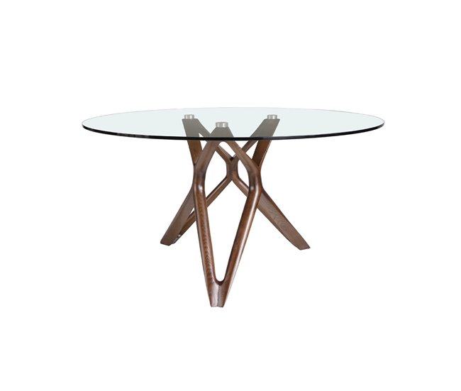 Mesa de jantar em vidro e pés em madeira Transparente