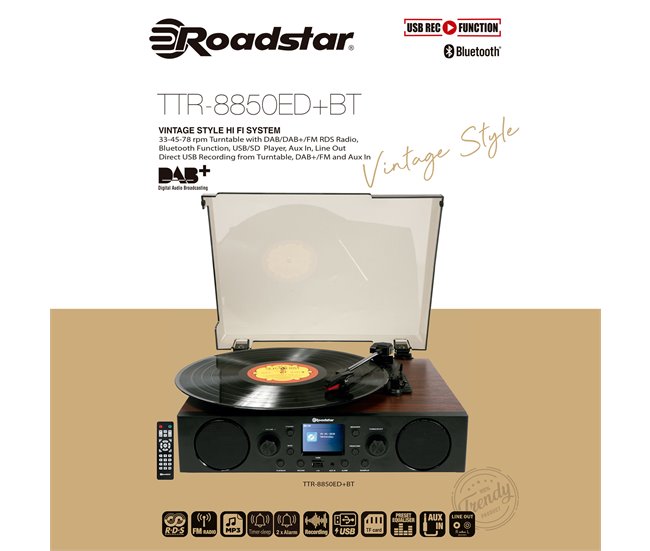 Gira-Discos Roadstar TTR-8850ED+BT Preto