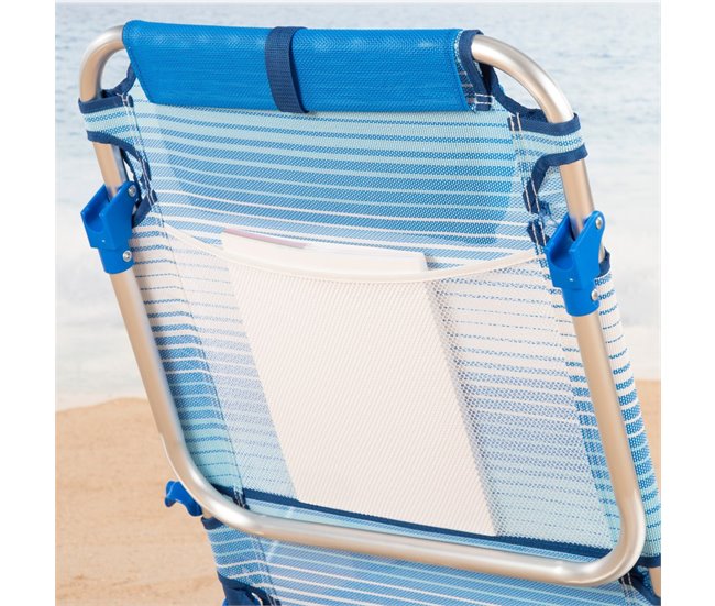 Cadeira de praia Aktive Low dobrável e reclinável 4 posições listras azuis com bolso, almofada, alça e fecho de segurança Azul