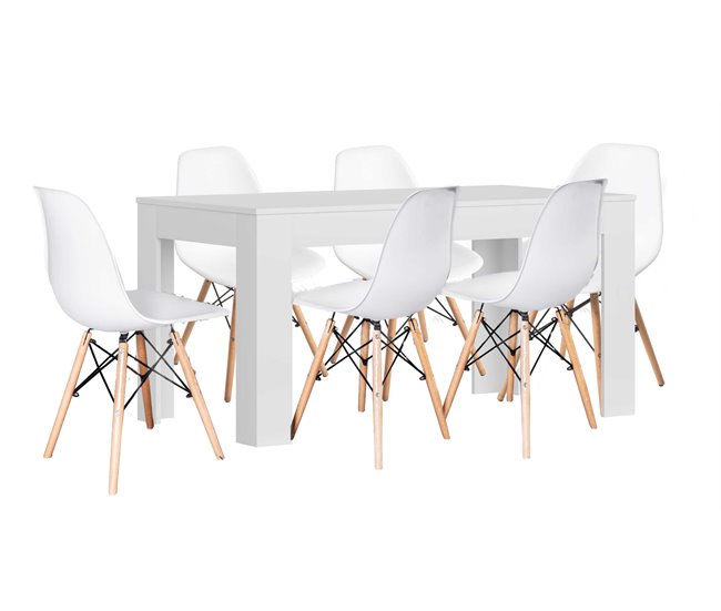 Mesa de jantar ou cozinha branca + 6 cadeiras brancas estilo nórdico 138x80 Branco
