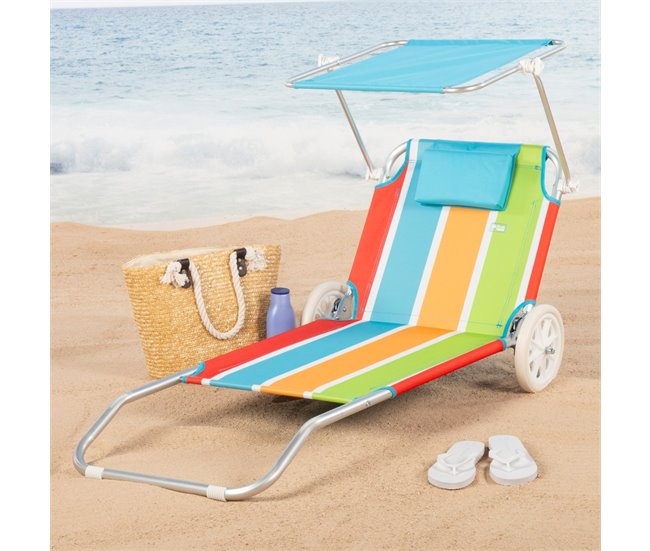 Espreguiçadeira de praia Aktive 2 em 1 c/almofada acolchoada e guarda-sol Multicor