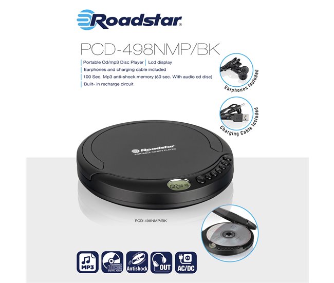Leitor de CD portátil Roadstar PCD-498NMP/BK Preto