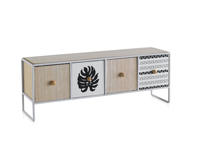 Caixa de mesa de madeira com estrutura de metal Natural/ Branco