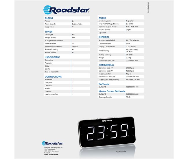 Relógio despertador Roadstar CLR-2615 Preto