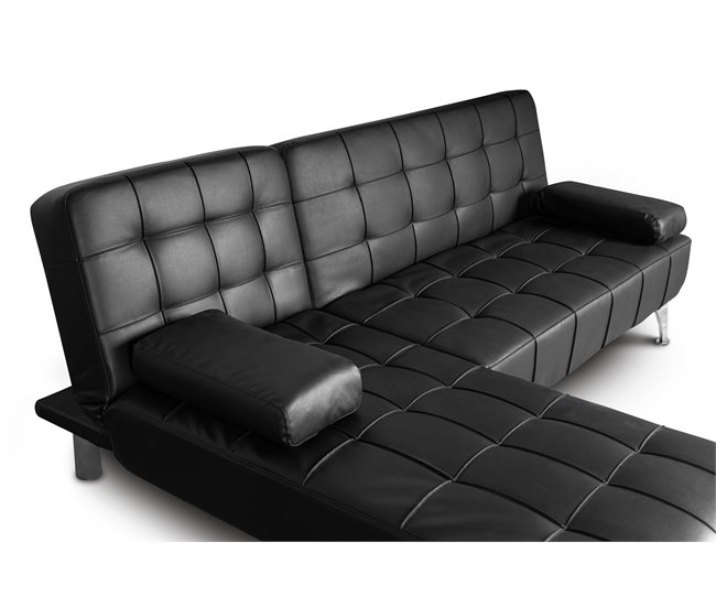 Sofá-cama com chaise longue e mesa de apoio Preto