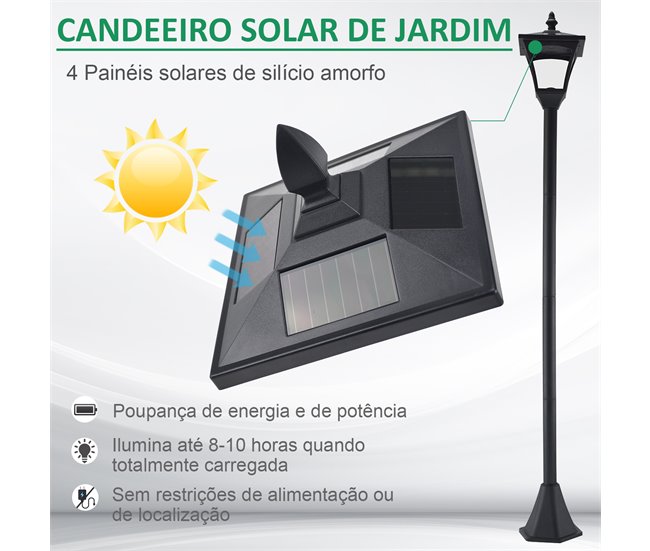 Candeeiro Solar Aço Inoxidável e Plástico Outsunny Preto