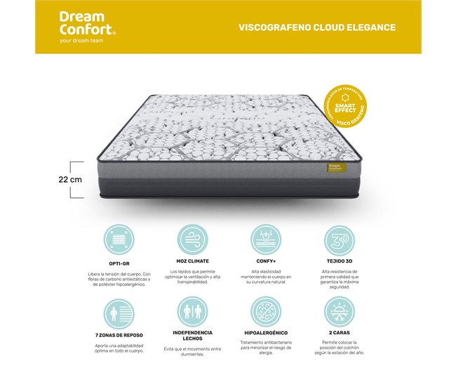 Colchão Dream Confort HR Viscografeno Cloud Elegance 22 cm 9  Zonas de Conforto | Termo-Regulação | Lado Inverno / Verão | Alta Firmeza 