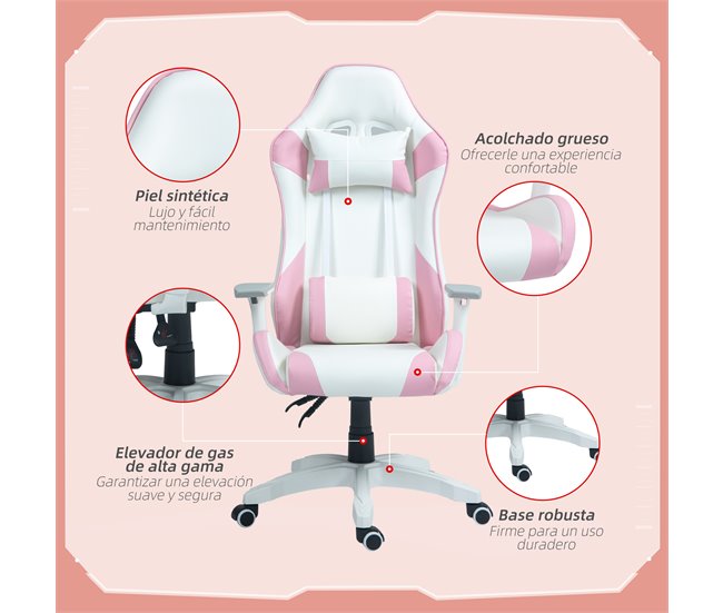 Cadeira Gaming Pele sintética e espuma HOMCOM Rosa
