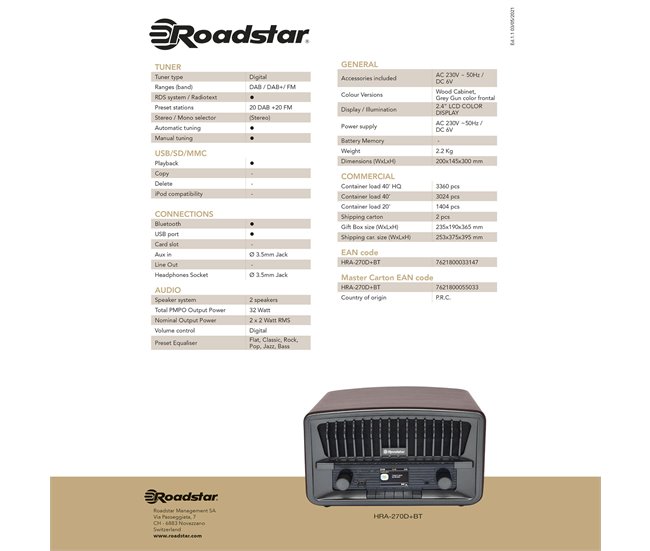 Radio Retro Roadstar HRA-270D+BT Madeira