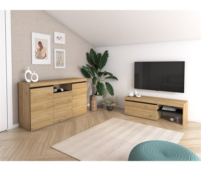  Conjunto de móveis para sala de estar - Aparador + suporte para TV - Estilo nórdico 120 Carvalho