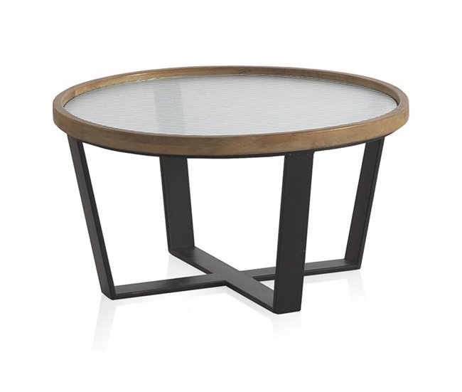 Pacote com 2 mesas de centro redondas com tampo de vidro Madeira