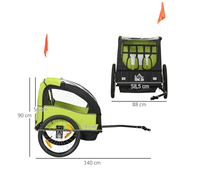Reboque Bicicleta para Crianças HOMCOM 440-038V00RD Verde