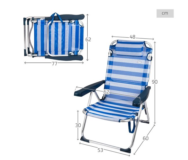 Cadeira de praia e espreguiçadeira 2 em 1 dobrável listrado c/almofada Aktive Azul