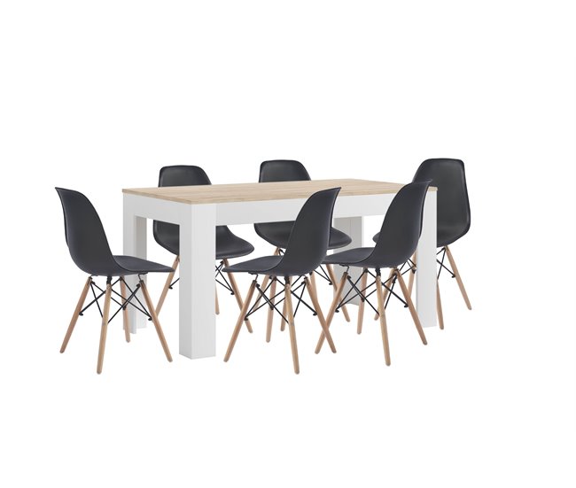Mesa de jantar ou cozinha branca/cambria + 6 cadeiras brancas estilo nórdico 138x80 Branco/ Preto