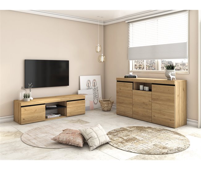  Conjunto de móveis para sala de estar - Aparador + suporte para TV - Estilo nórdico 140 Carvalho