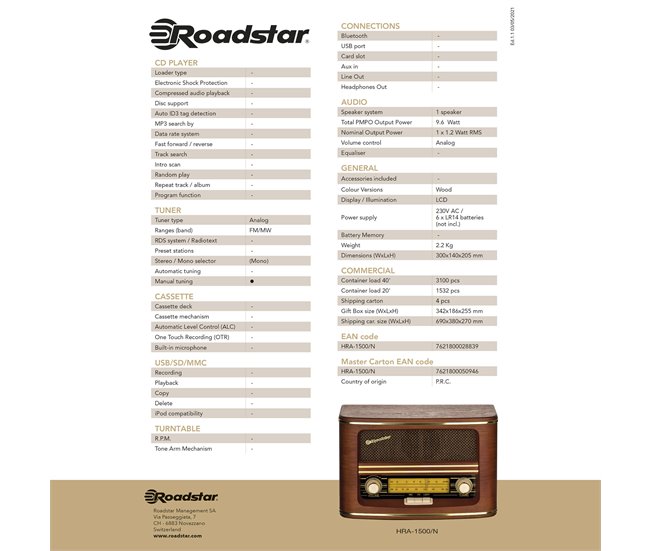 Radio Retro Roadstar HRA-1500N Madeira