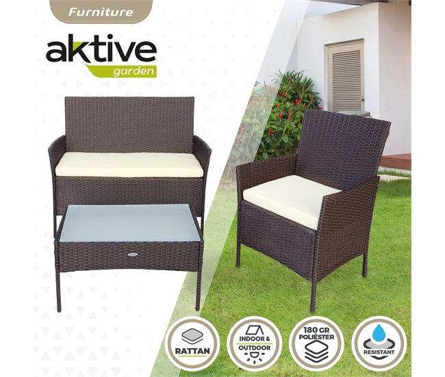 Conjunto de mobiliário de terraço Aktive, poltronas, sofá e mesa de rotim Preto