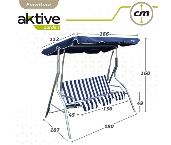 Cadeira de baloiço de jardim azul e branca com capota basculante 3 lugares Aktive Preto