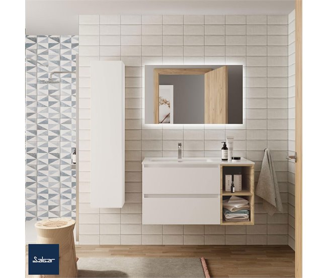 Móvel de banheiro com 2 gavetas e armário lateral direito de 2 furos com pia integrada Branco