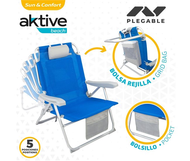 Cadeira de praia mochila ultrarresistente XL 120 kg c/almofada, bolsa e bolso Aktive Azul