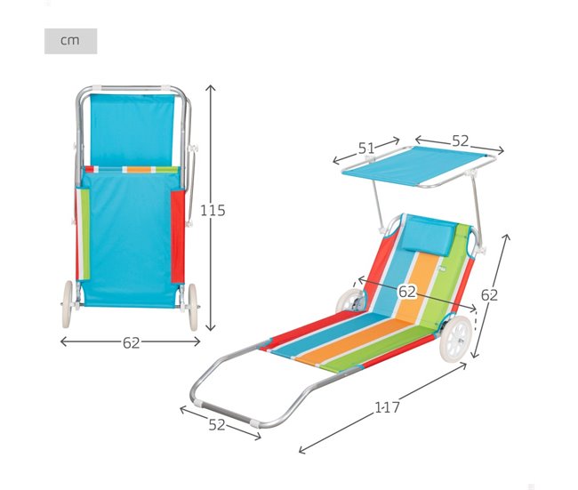 Espreguiçadeira de praia Aktive 2 em 1 c/almofada acolchoada e guarda-sol Multicor