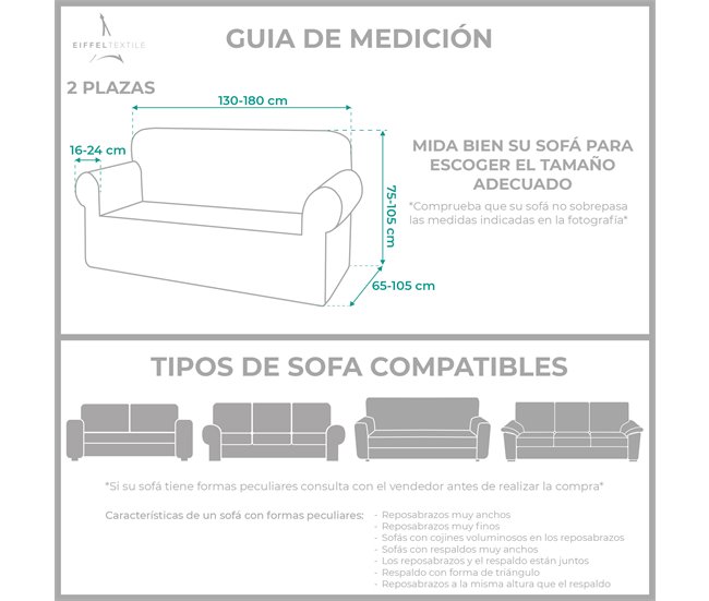  Capa de sofá elástica em tecido Eiffel adaptável. Protector de capa de sofá Milan. 2 lugares (130-180 cm) Cru