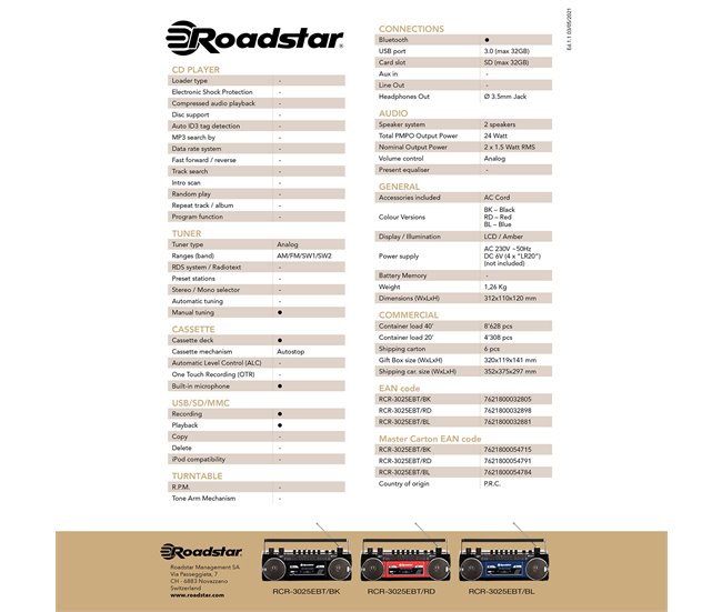 Rádio de cassetes Roadstar RCR-3025EBT/RD Preto