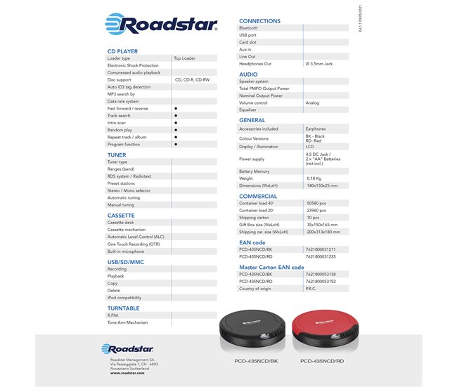 Radio CD Roadstar PCD-435NCD/BK Preto