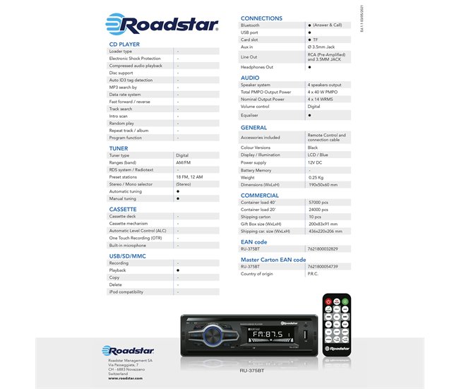 Rádio digital para automóvel Roadstar RU-375BT Preto