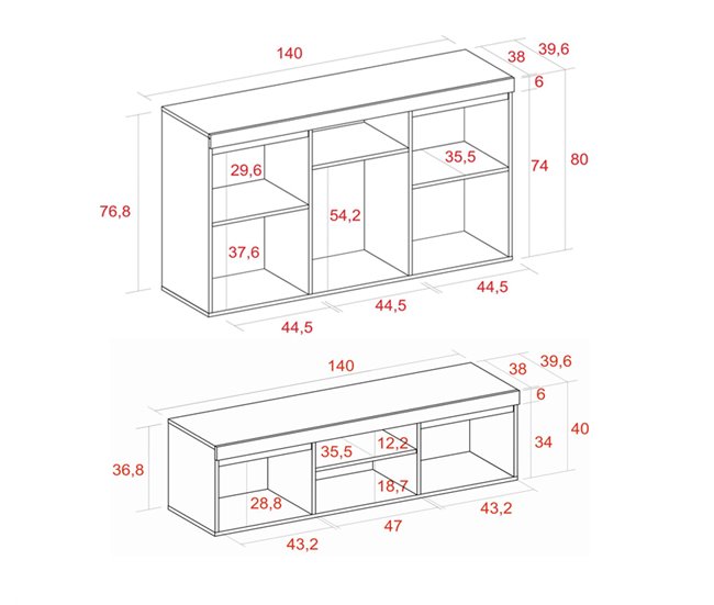  Conjunto de móveis para sala de estar - Aparador + suporte para TV - Estilo nórdico 140 Carvalho