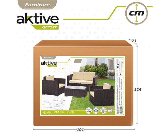 Conjunto de mobiliário de terraço, poltronas, sofá e mesa de centro em rotim Aktive Preto