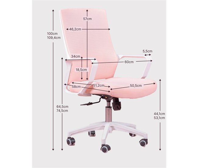 Cadeira de escritório ergonômica com rodas e braços - Mesh Rosa