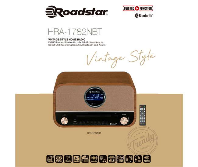Radio CD Roadstar HRA-1782NBT Castanho