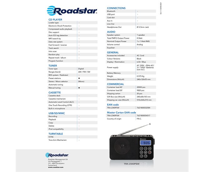 Rádio portátil Roadstar TRA-2340PSW Preto