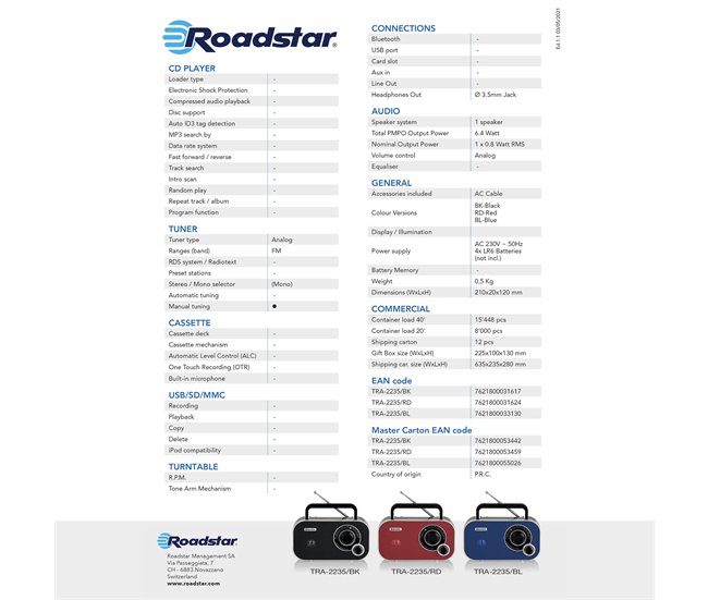 Radio CD Roadstar TRA-2235BK Preto