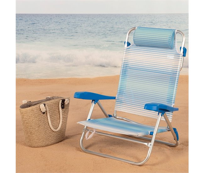 Aktive Cadeira de praia dobrável e reclinável 7 posições listras azuis c/almofada e alças Azul