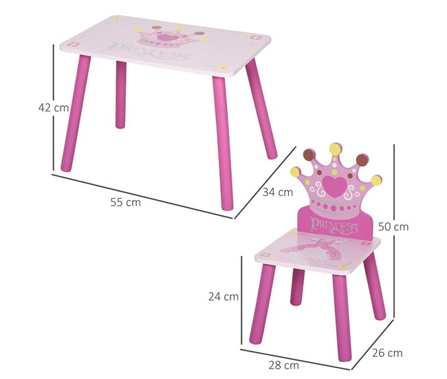 Jogo de Mesa e 2 Cadeiras Infantis HOMCOM 312-015 55x34 Rosa