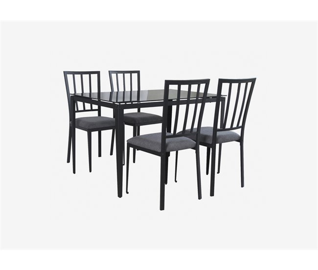 Conjunto de mesa + 4 cadeiras BERRY preto. Tabela fixa. Vidro cinzento e 4 cadeiras fixas. Cinza