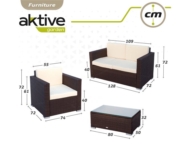 Conjunto de mobiliário de terraço, poltronas, sofá e mesa de centro em rotim Aktive Preto