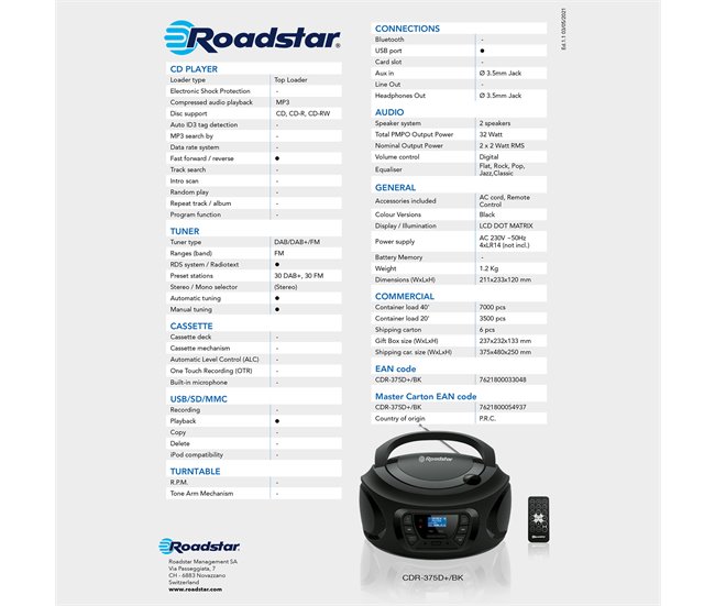 Radio CD Roadstar CDR-375D+/BK Preto