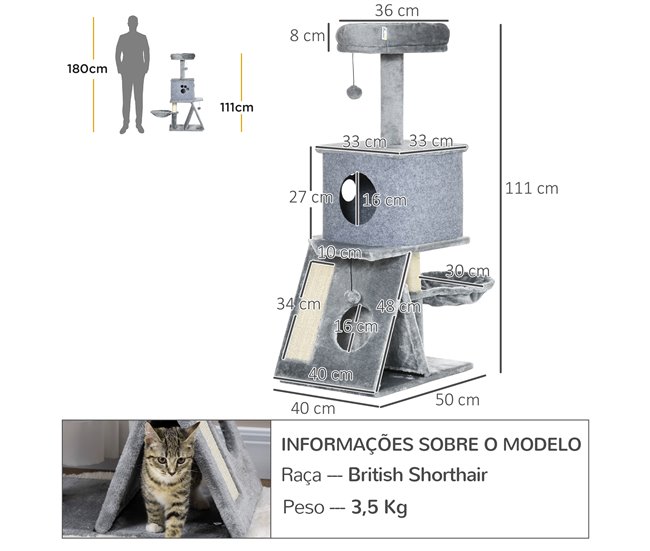 Árvore para Gato PawHut D30-570V00GY Cinza