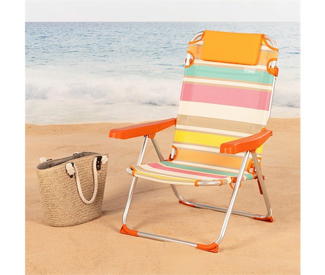 Aktive Cadeira de praia dobrável e reclinável 5 posições c/almofada e alça de ombro Multicor