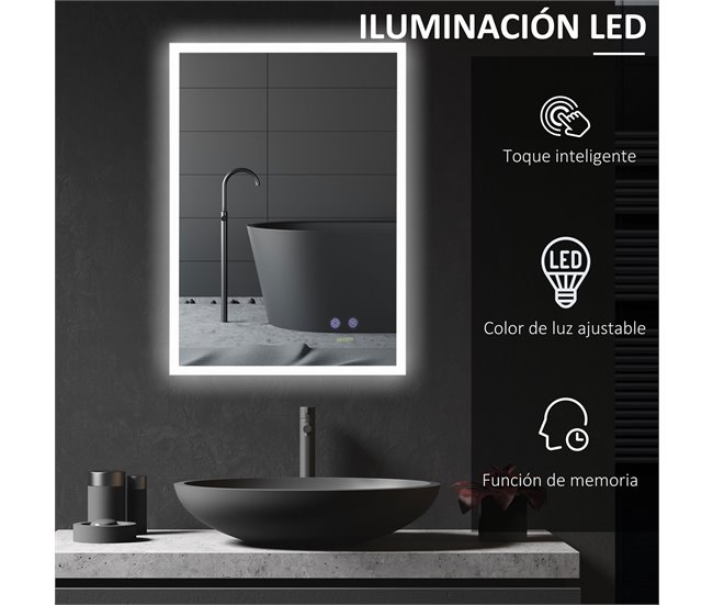 kleankin Espelho de casa de banho com luz LED Espelho de parede com  iluminação 70x50 cm Interruptor táctil 3 luzes Função anti-embaciamento  ajustável e moldura de alumínio Espelho suspenso em 2 formas