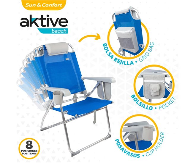 Cadeira de praia dobrável super resistente com almofada, saco e bolso 47x63x99 cm Aktive Azul