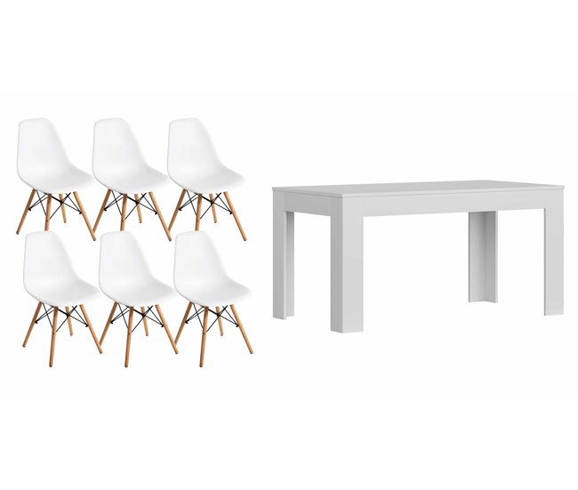 Mesa de jantar ou cozinha branca + 6 cadeiras brancas estilo nórdico 138x80 Branco