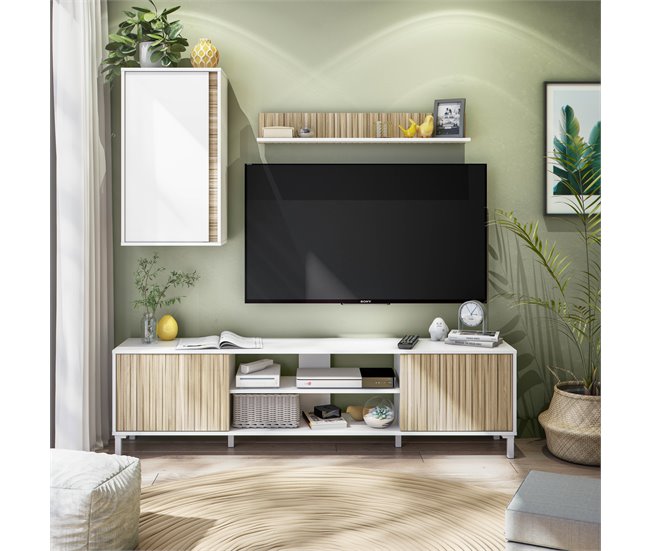 Compacto de TV 180cm branco e natural MELISS Branco/ Madeira