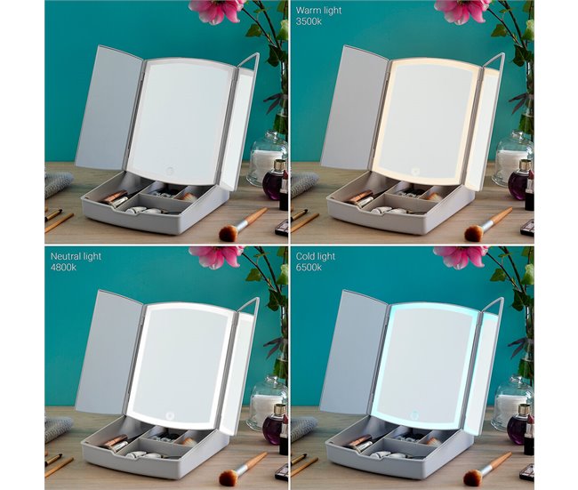 Espelho LED Dobrável com Organizador de Maquilhagem 3 em 1 Branco
